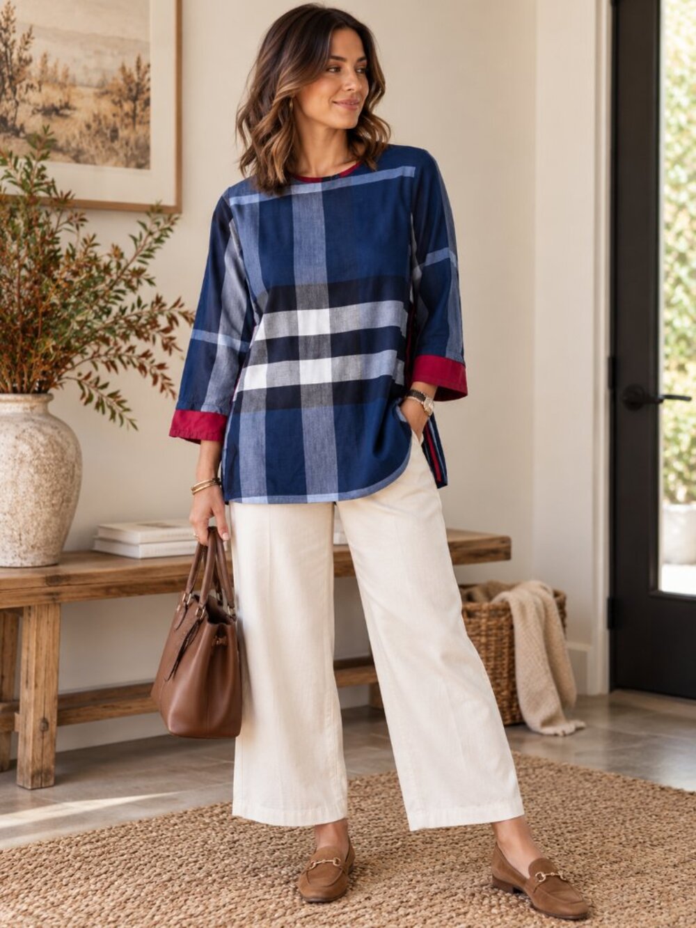 Beechtree Pakistani Pret Plaid Kurta Tunic Blue Red Modest Top Size 10 1184